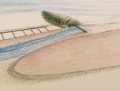 Esquisse aux crayons de couleur d'un aménagement de jardin avec rivière
