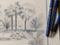 Croquis au crayon d'un projet d'aménagement paysager avec palmiers